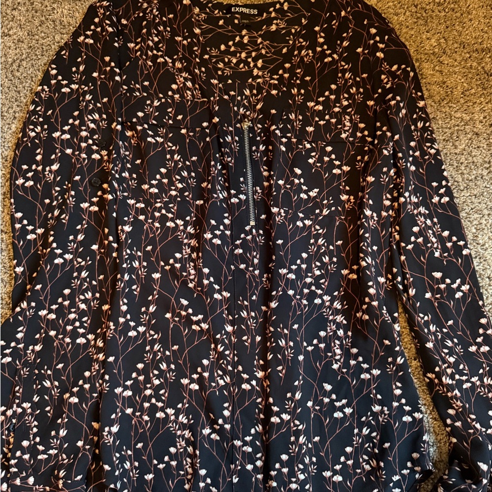 Express Portofino Half Zip Blouse Top Black with Pink Floral